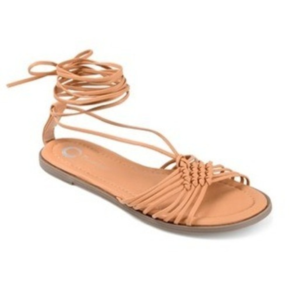 Journee Collection Tan Lace Up Strappy Flat Sandal Comfort Foam Boho Macrame 6.5